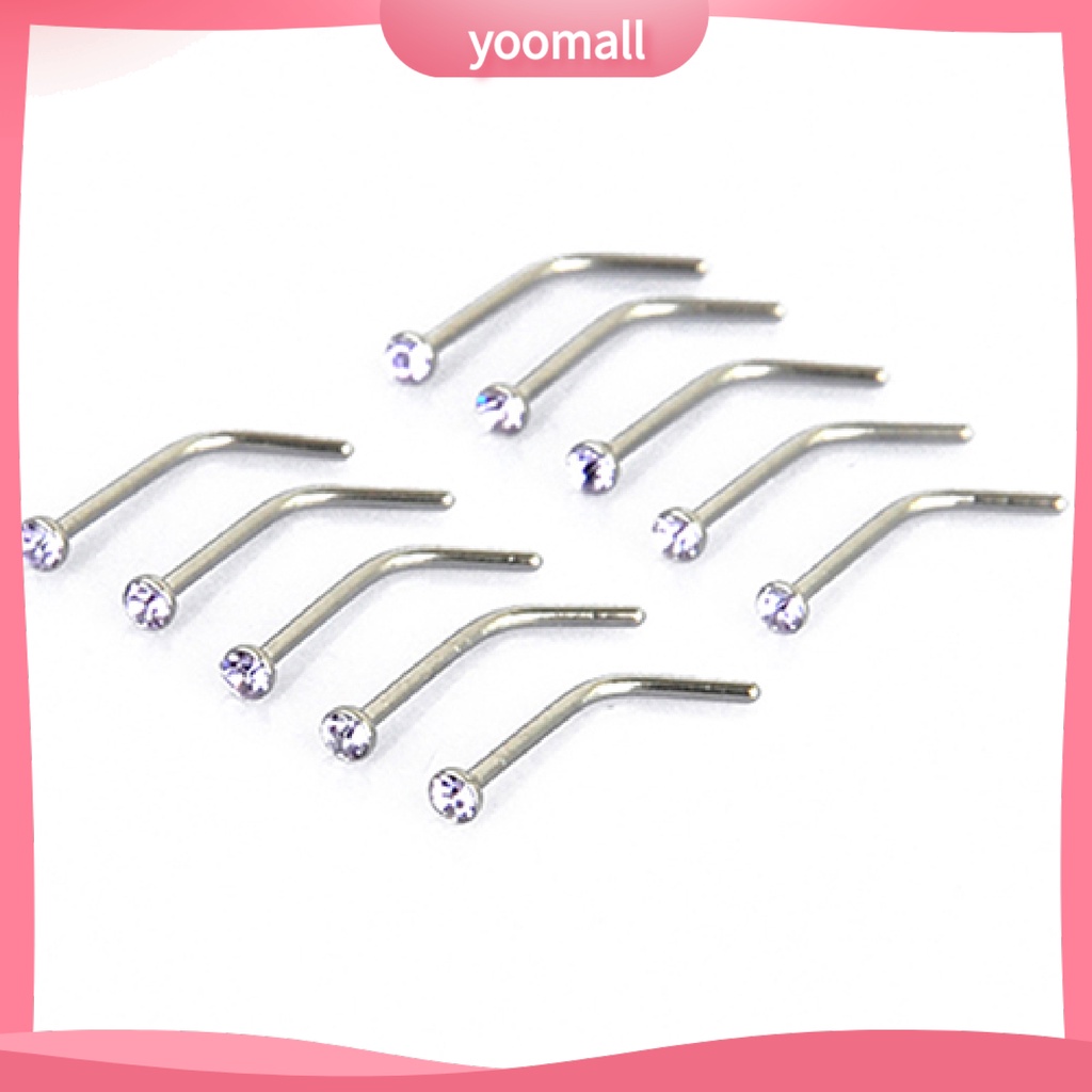 Set 10 Khuyên Mũi Thép Không Gỉ Đính Đá Nhân Tạo Thời Trang