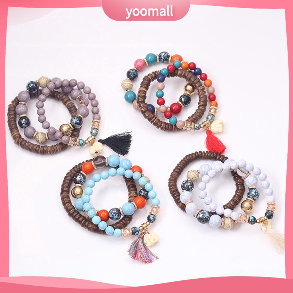 Bộ 3 Vòng Tay Chuỗi Hạt Gỗ Và Tua Rua Thời Trang