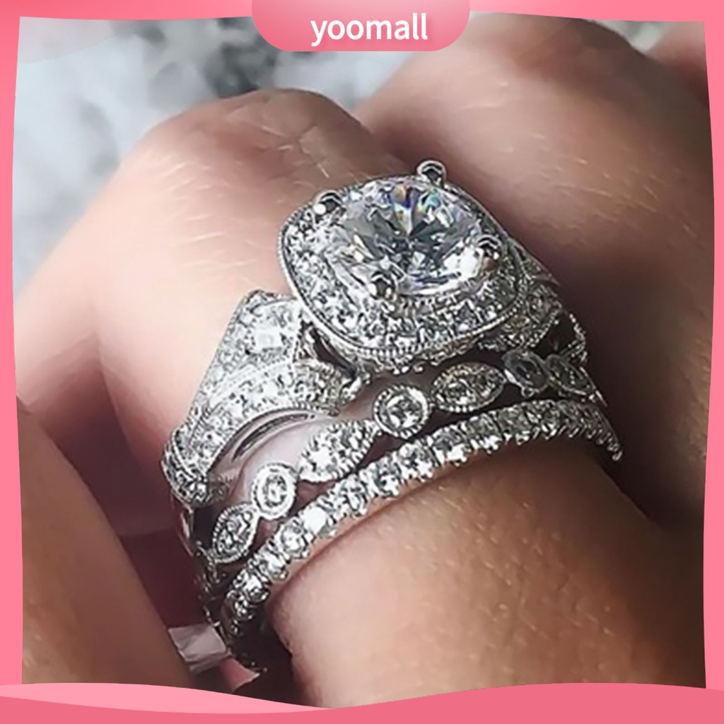 Bộ 3 Nhẫn Đính Hôn Đính Đá Lấp Lánh Tinh Tế Sáng Tạo Phổ Biến