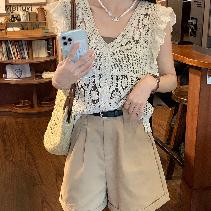 [Meifuyi] Summer Vintage Hollow Out Knitted Top Women Solid Color V Neck Sleeveless Camisole COD