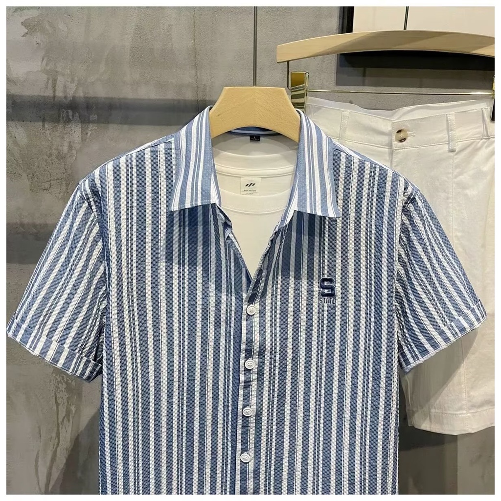 Áo Sơ Mi Tay Ngắn Phồng Họa Tiết Sọc Xanh Dương Thời Trang Mùa Hè 2023 Mới Dành Cho Bé Trai