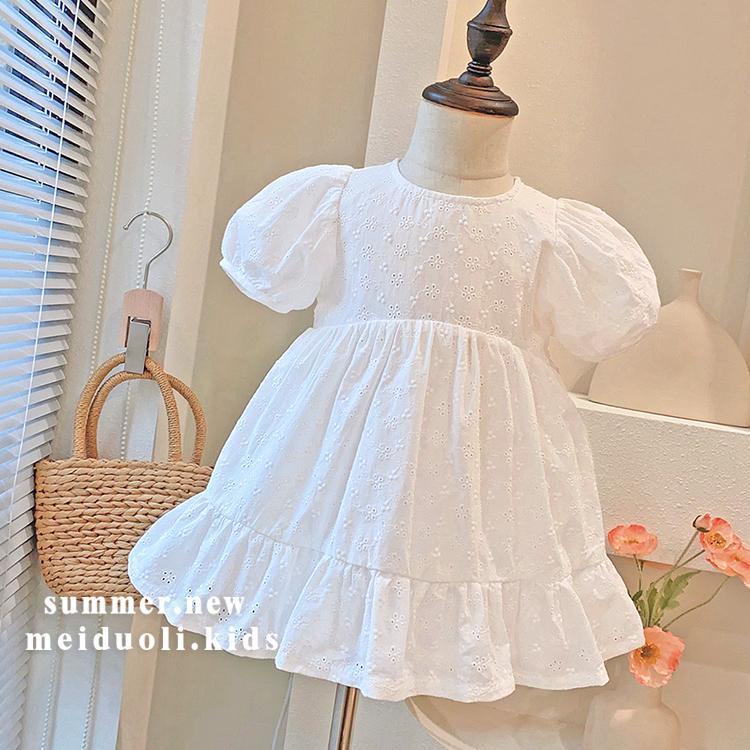 Đầm Công Chúa Chất Cotton Tay Phồng Thêu Họa Tiết Thời Trang Mùa Hè Xinh Xắn Cho Bé Gái