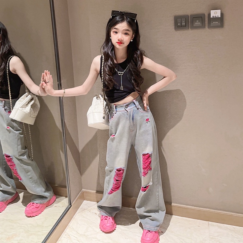 Quần Denim Ống Rộng Rách Phong Cách Châu Âu Mùa Hè 2023 Cho Bé Gái
