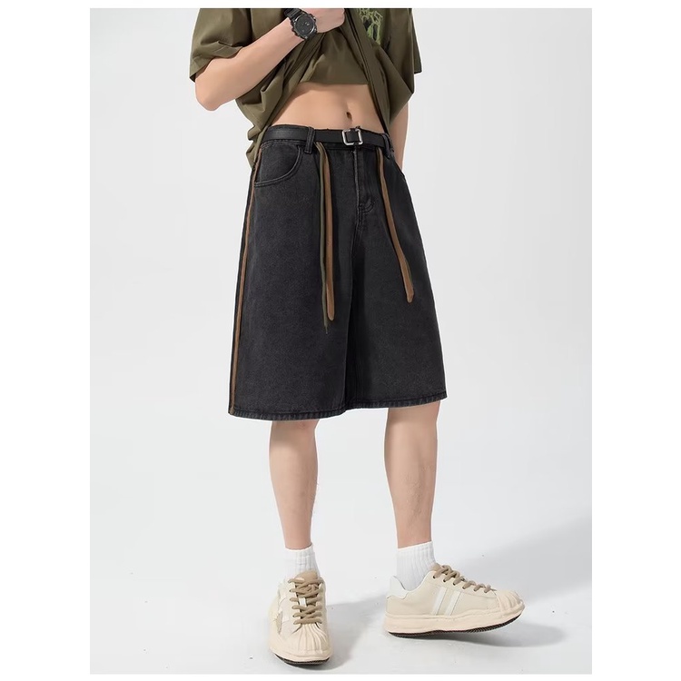 Quần Short Denim Mỏng Màu Đen Phong Cách Retro Mỹ Thời Trang Cao Cấp Cho Nam