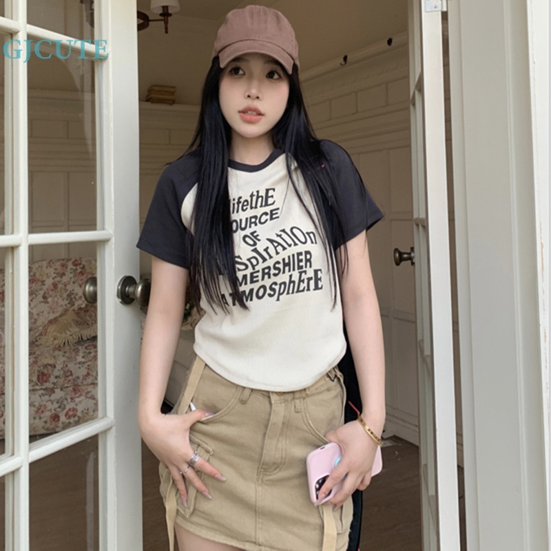 Áo Thun Crop Top Mỏng Cổ Tròn Tay Raglan In Chữ Mùa Hè Cho Nữ WTD