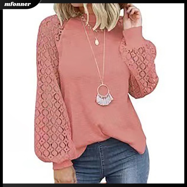 Áo Kiểu Tay Dài Phồng Phối Ren Lỗ Màu Sắc Trơn Thời Trang Cho Nữ