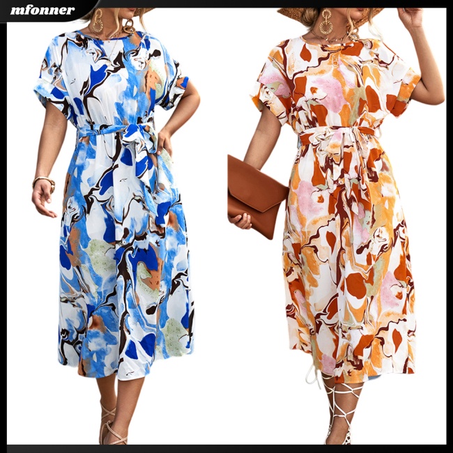 Đầm Dài Tay Ngắn Cổ Tròn Thắt Nơ Sau Lưng Họa Tiết Hoa Phong Cách Boho Cho Nữ