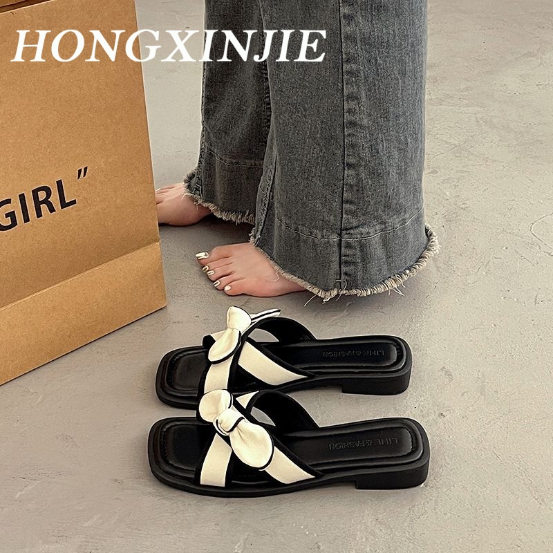 HONGXINJIE dép nữ dép sandal nữ dép quai hậu nữ 2023NEW Lưới đen trắng của khu phố thời trang retro 071428