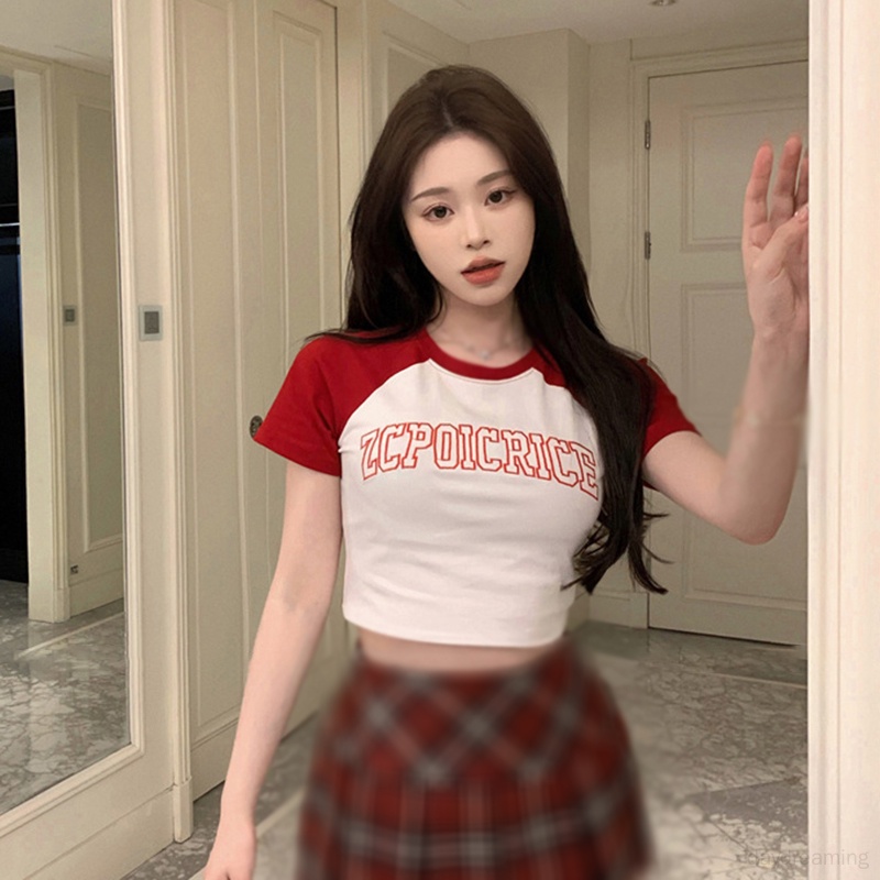 Áo Croptop Cổ Tròn Phong Cách Retro Mỹ Cho Nữ