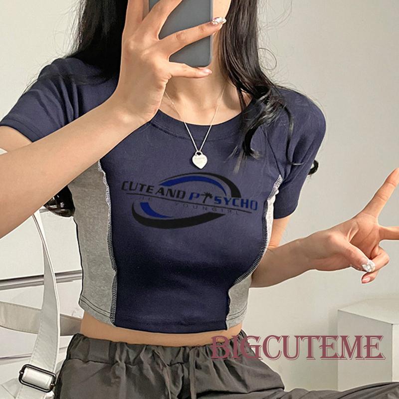 Áo Croptop Tay Ngắn Cổ Tròn In Chữ Màu Sắc Tương Phản Thời Trang Mùa Hè Xinh Xắn Cho Bé Gái