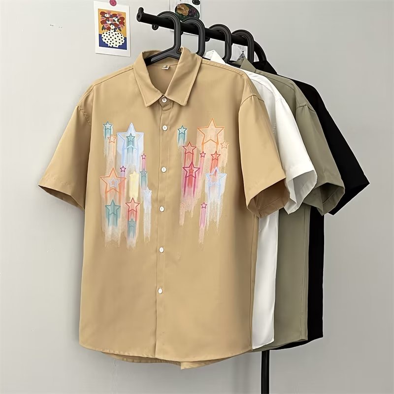 Áo Sơ Mi Ngắn Tay Cổ Đứng Họa Tiết Ngôi Sao Năm Cánh Phong Cách Đường Phố Mỹ Thời Trang Mùa Hè Cho Nam