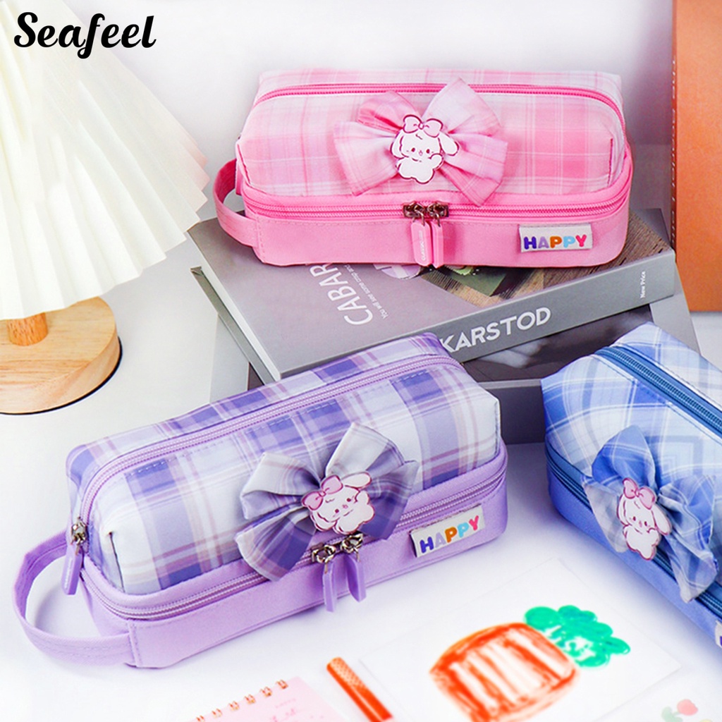 Túi Đựng Bút Hai Ngăn Đính Nơ Sức Chứa Lớn Phong Cách Đại Học