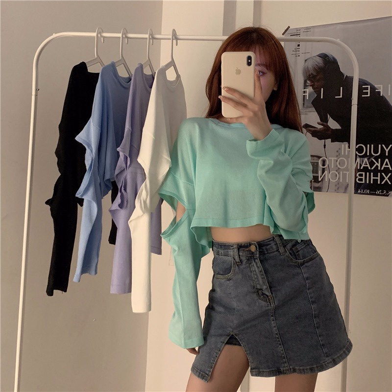 Áo Sơ Mi Dài Tay Lưng Cao Thời Trang Hàn Quốc Cho Nữ