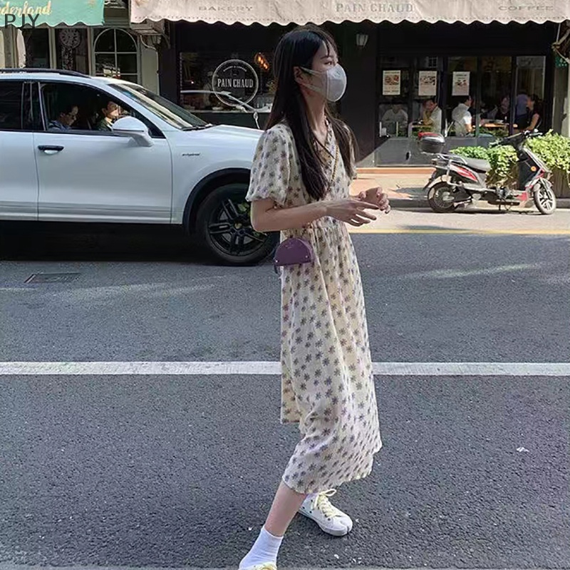 Đầm Midi Cổ Tròn Tay Phồng In Hoa Kiểu Vintage Thời Trang Mùa Hè Cho Bạn Gái PJ