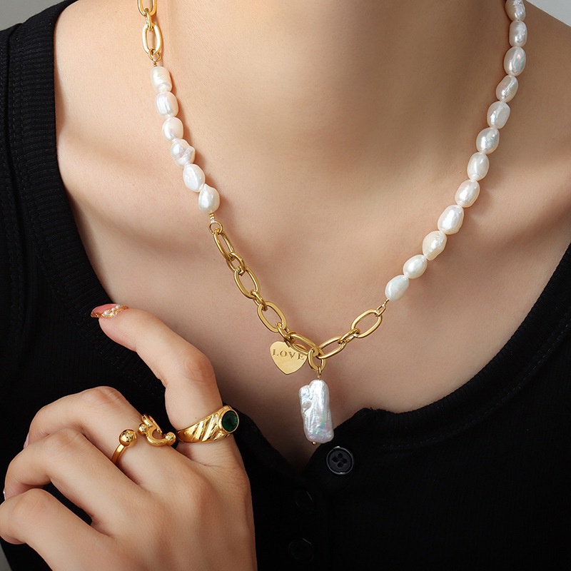 Vòng cổ Mạ Vàng 18K Đính Ngọc Trai Hình Trái Tim Sang Trọng Không Màu Phong Cách Pháp
