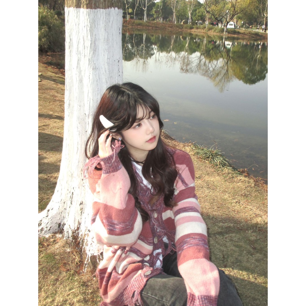 Áo Khoác Cardigan Dệt Kim Kẻ Sọc Phối Tua Rua Thời Trang Hàn Quốc Mới Cho Nữ