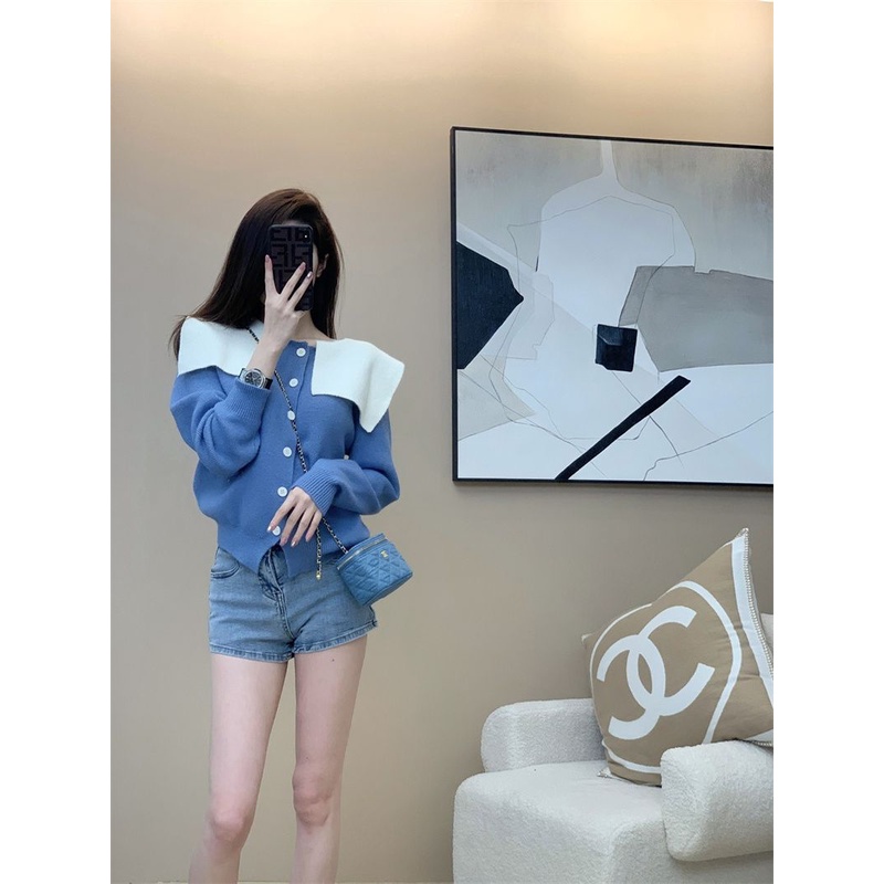 Áo Cardigan Dệt Kim Cổ Thủy Thủ Dáng Ngắn Phong Cách Hàn Quốc Mới