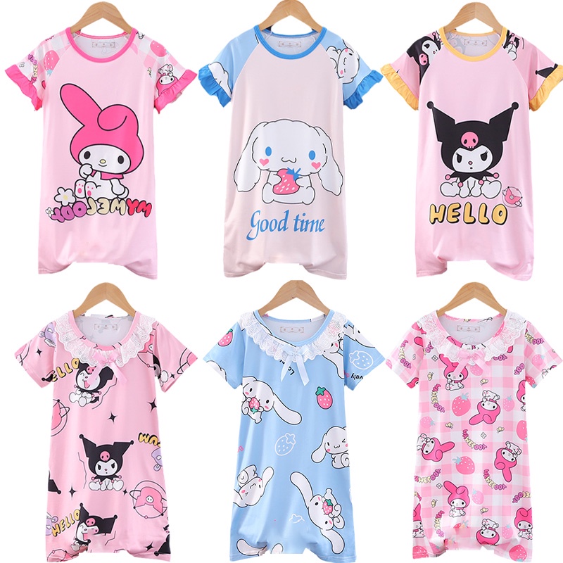 Kawaii sanrios kids nightdress dễ thương anime mymelody kuromi cinnamoroll phim hoạt hình đồ ngủ mùa hè tay ngắn váy đồ mặc nhà quà tặng