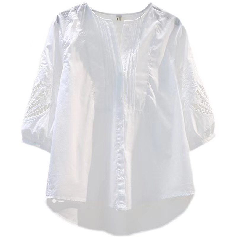 Áo Sơ Mi Cotton Trắng Cổ Tròn Xếp Ly Thiết Kế Mới Mùa Hè 2023 Cho Nữ