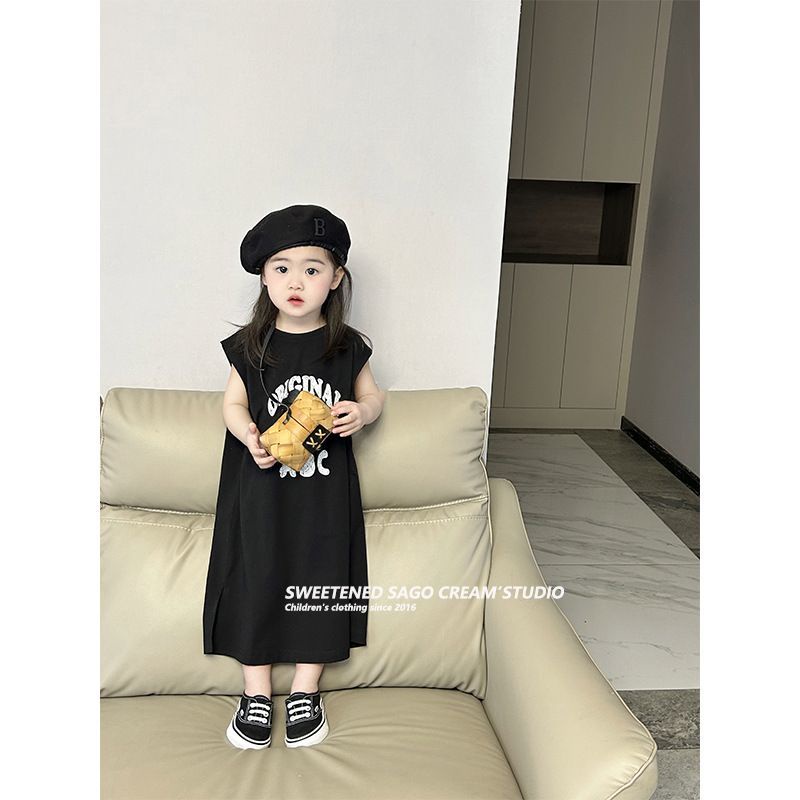 Ready stock hot sale phong cách mới nhật bản hàn quốc quần áo trẻ em hàn quốc cô gái váy không tay mùa hè 2023 phong cách mới thời trang trẻ em mùa hè váy mid-length t-shirt váy