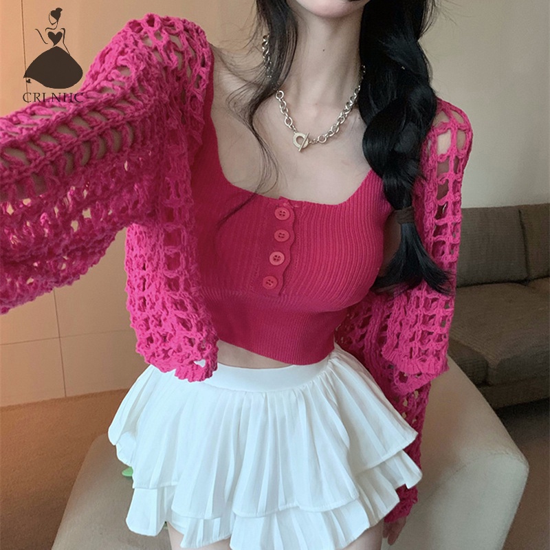 Áo Dệt Kim Sát Nách Dáng Rộng Màu Trơn Thời Trang Mùa Hè CRLNHC Y2k