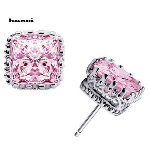 Khuyên Tai Hình Vương Miện Vuông Rỗng Đính Đá Zircon Cho Nữ