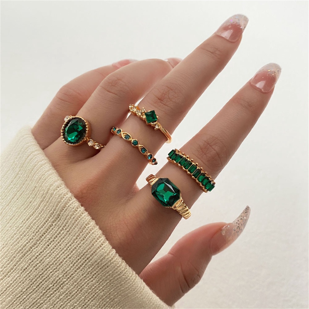 Set 5 Nhẫn Đính Đá Quý Nhân Tạo Màu Xanh Lá Cây Sang Trọng Phong Cách Cổ Điển Dành Cho Nữ