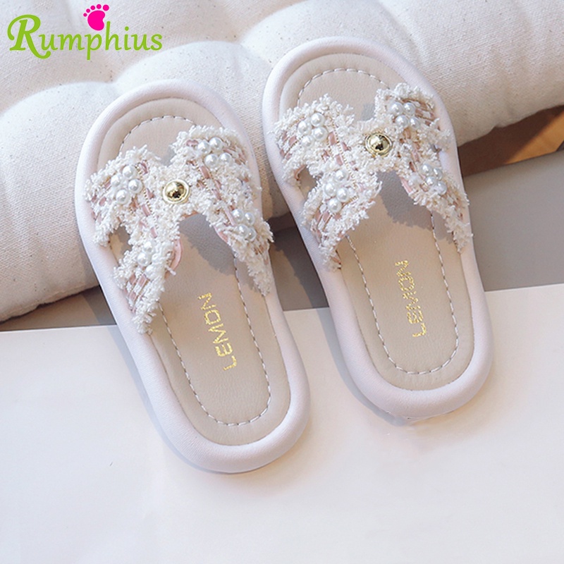 Rumphius Dép Da Đế Mềm Đính Ngọc Trai Chống Trượt Thoải Mái Dành Cho Bé Gái Size 21-35