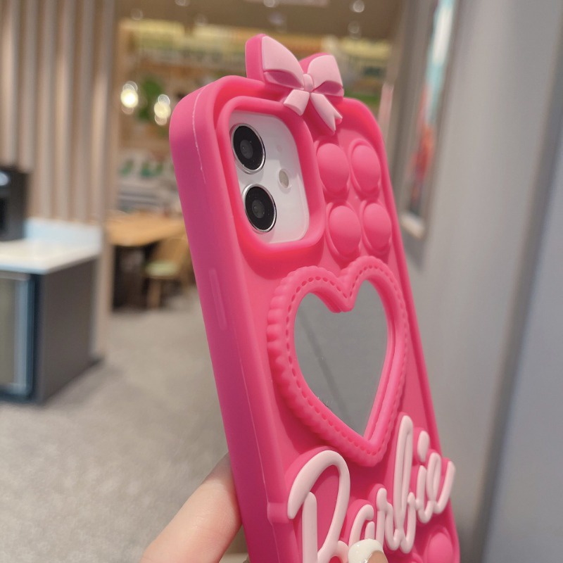 Ốp Điện Thoại Silicon Chống Rơi Hình Búp Bê Barbie Có Gương Trái Tim Cho iPhone 14 / 13 / 12 Promax XS XR