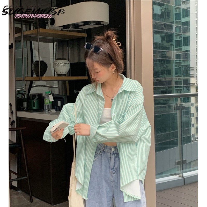 Sugemiusi Áo Sơ Mi Cardigan Chống Nắng Dáng Rộng Họa Tiết Sọc Xanh Lá Phong Cách Nhật Bản Nhỏ Nhắn Hợp Thời Trang