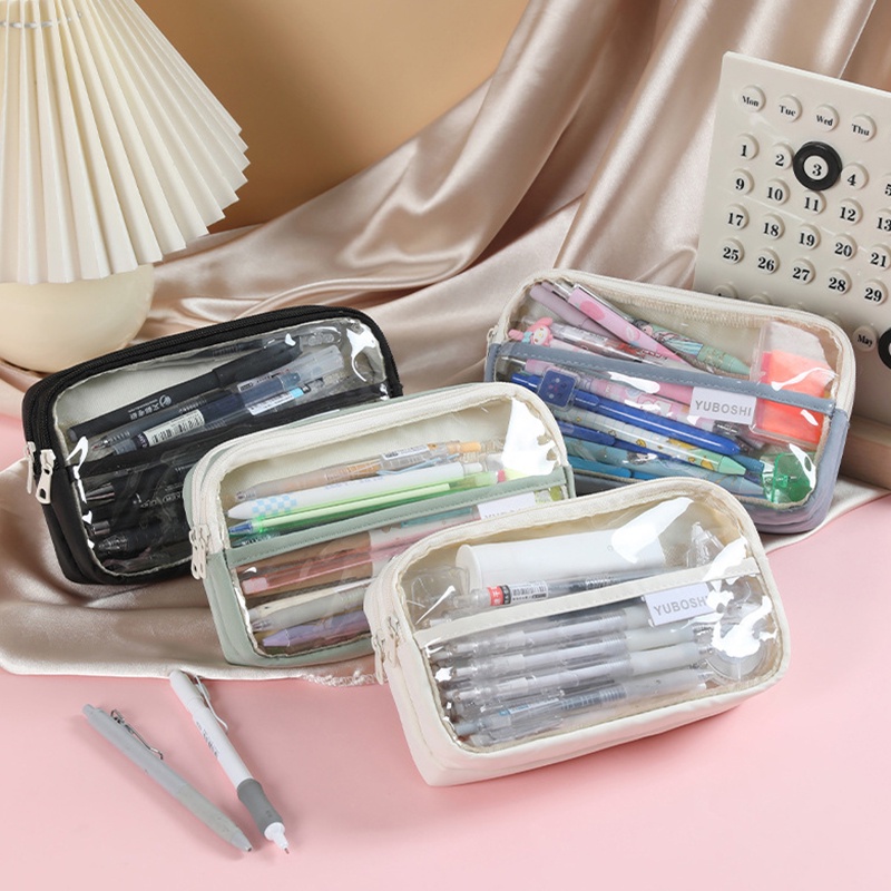 Túi Đựng Bút 3 Ngăn Trong Suốt Có Khóa Kéo Sức Chứa Lớn Họa Tiết Thiên Thần Dễ Thương