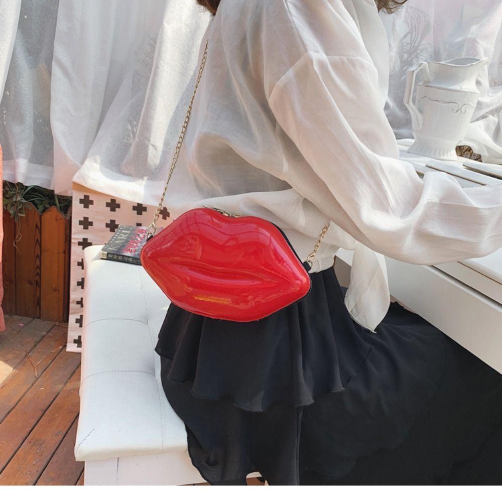 Upstozvn Túi Xách Đeo Vai Màu Đỏ Hình Đôi Môi Phối Dây Xích Màu Trơn Sáng Tạo Thích Hợp Làm Quà Tặng Cho Nữ
