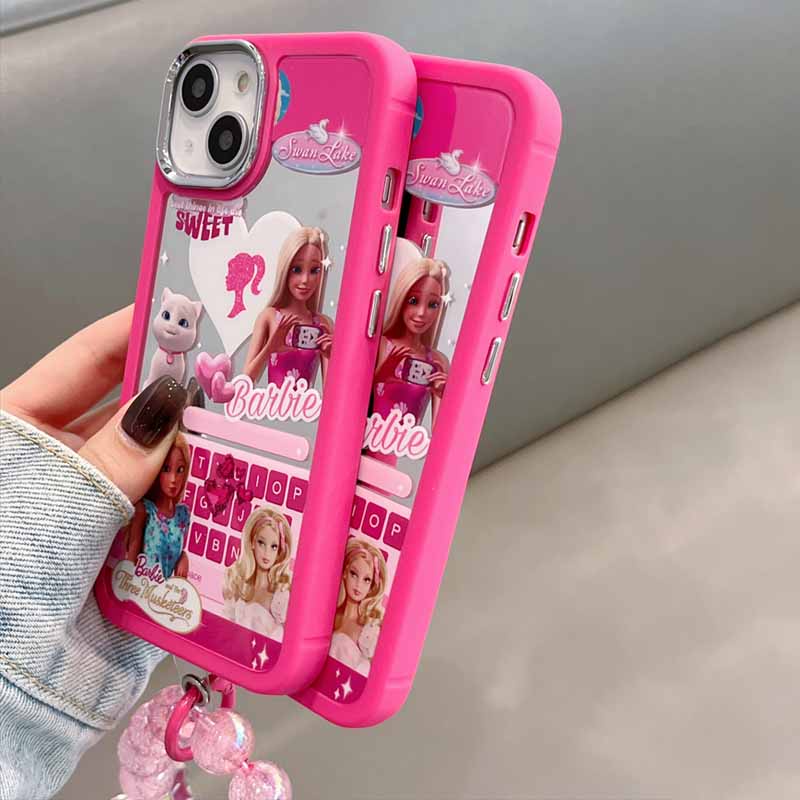 Ốp Điện Thoại Họa Tiết Búp Bê Barbie Mặt Gương Có Dây Xích Chống Rơi Cho iPhone 14 / 13 / 12 Pro Max