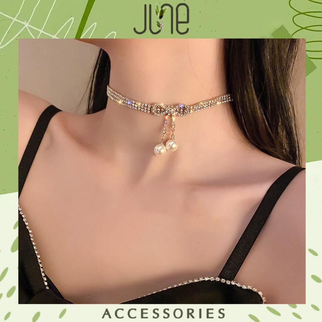 Vòng cổ choker 3 hàng đá Dây Chuyền choker mặt chiếc nơ đính ngọc thời trang Hàn Quốc June Accessori