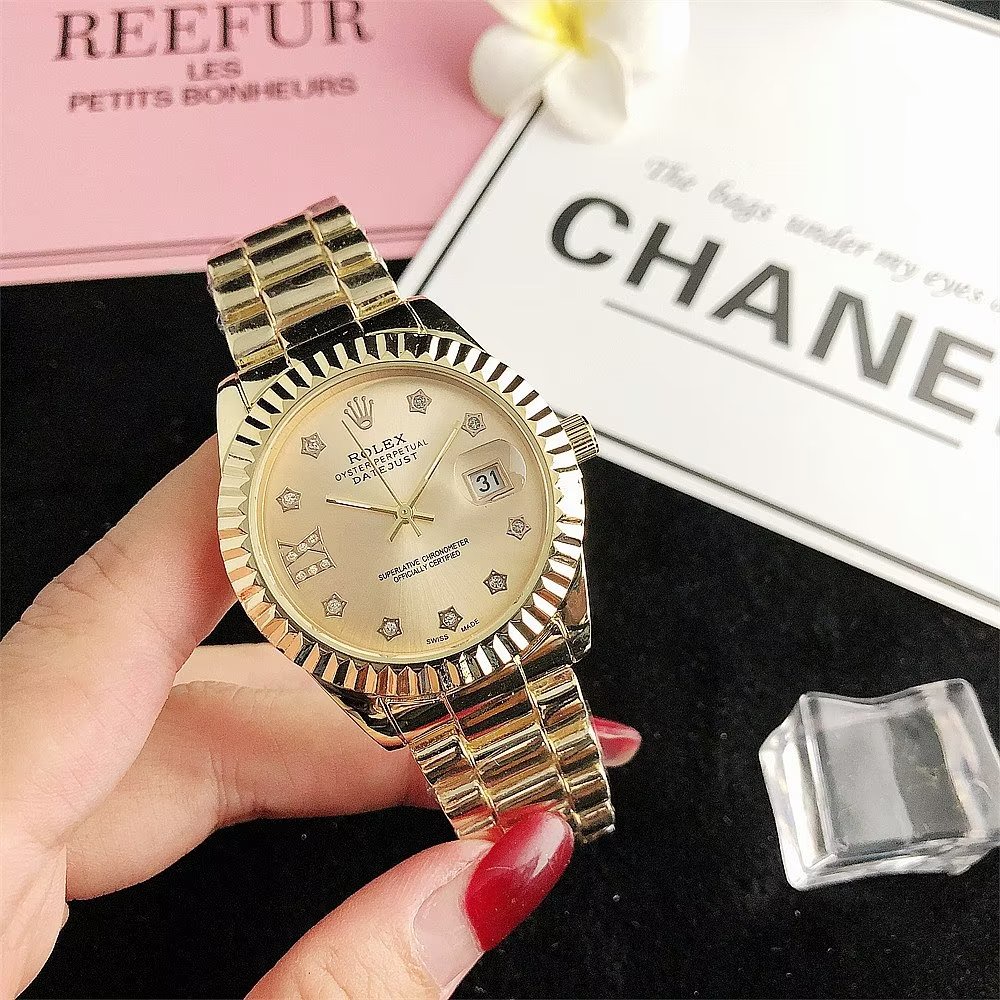 Đồng Hồ Rolex Mặt Tròn Đính Kim Cương Dây Da Thép Không Gỉ Thời Trang Cho Cặp Đôi