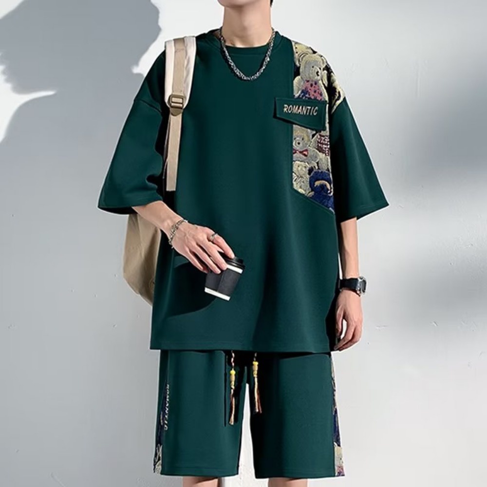 Bộ Áo Thun Ngắn Tay + Quần Short Dáng Rộng Phong Cách Trung Hoa Thời Trang Mùa Hè Mới Cho Nam