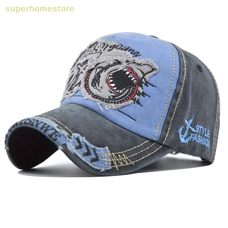 Mũ Lưỡi Trai Cotton Thêu Hình Cá Mập 5 Màu Sắc Tùy Chọn Phong Cách Vintage