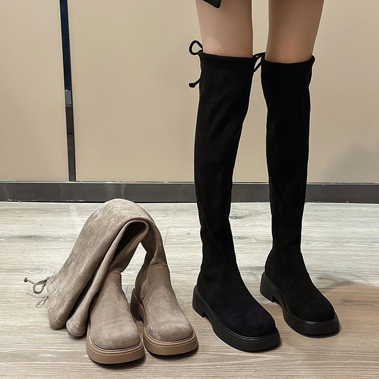 Giày Bốt Da Lộn Gót Dày Mũi Tròn Cột Dây Sau Lưng Chất Liệu Co Giãn Thoáng Khí Thời Trang Mùa Đông Cho