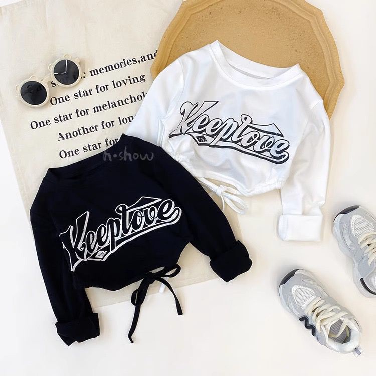 Áo Thun Tay Ngắn Mùa Hè 23 Bằng Vải Cotton Trơn Buộc Dây Eo Thời Trang Đường Phố Cho Bé Gái