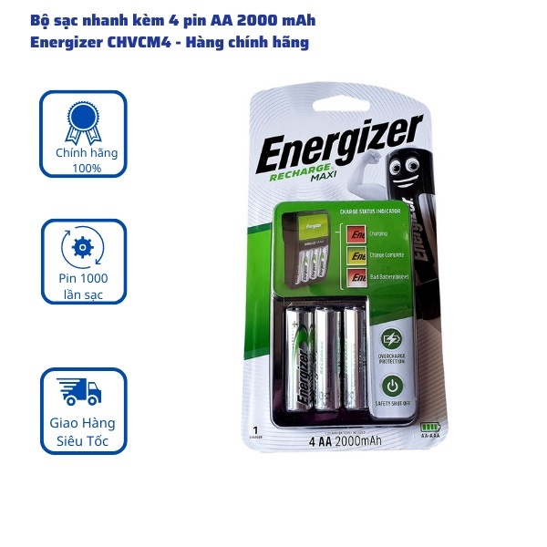 Bộ Sạc Nhanh Tự Ngắt Energizer Kèm 4 Pin AA 2000mah CHVCM4 - Hàng Chính Hãng dùng cho micro karaoke, máy ảnh, đồng hồ