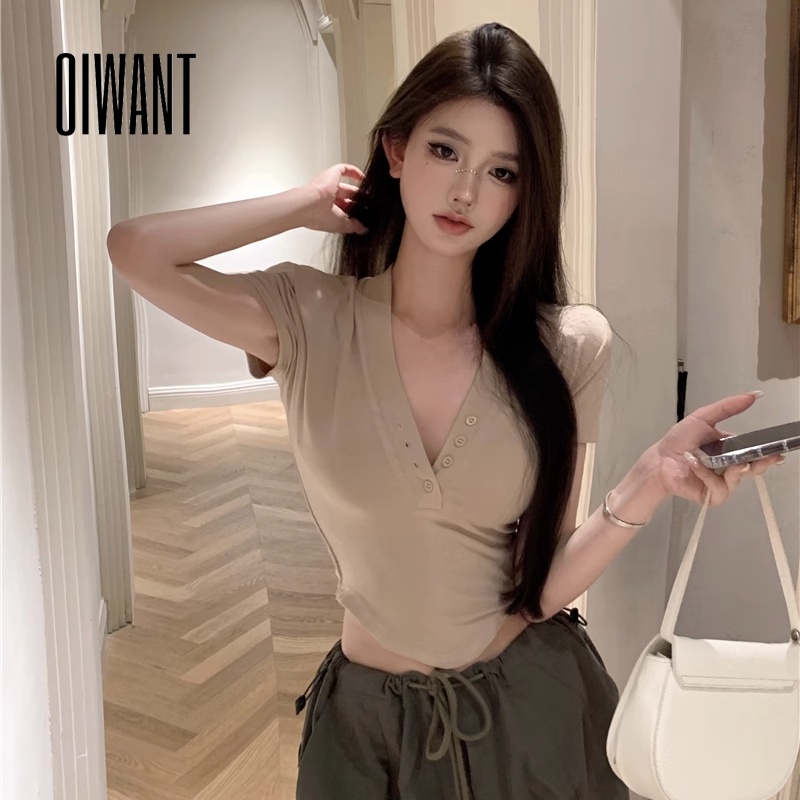 Oiwant women 2023 solid color t-shirt cổ v tay ngắn bó sát thời trang giản dị hàng đầu