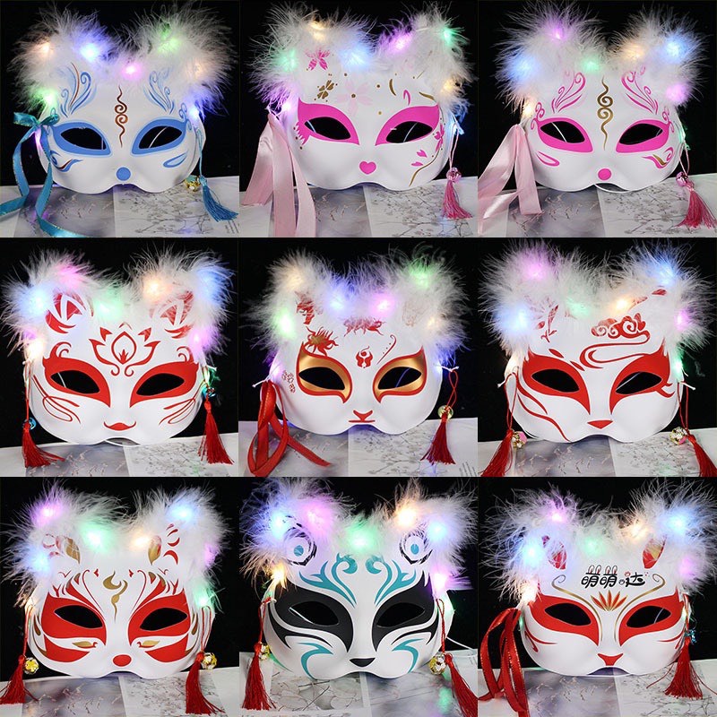 Mặt nạ mèo hóa trang Halloween phong cách Nhật Bản có đèn đẹp mặt nạ cáo nửa mặt