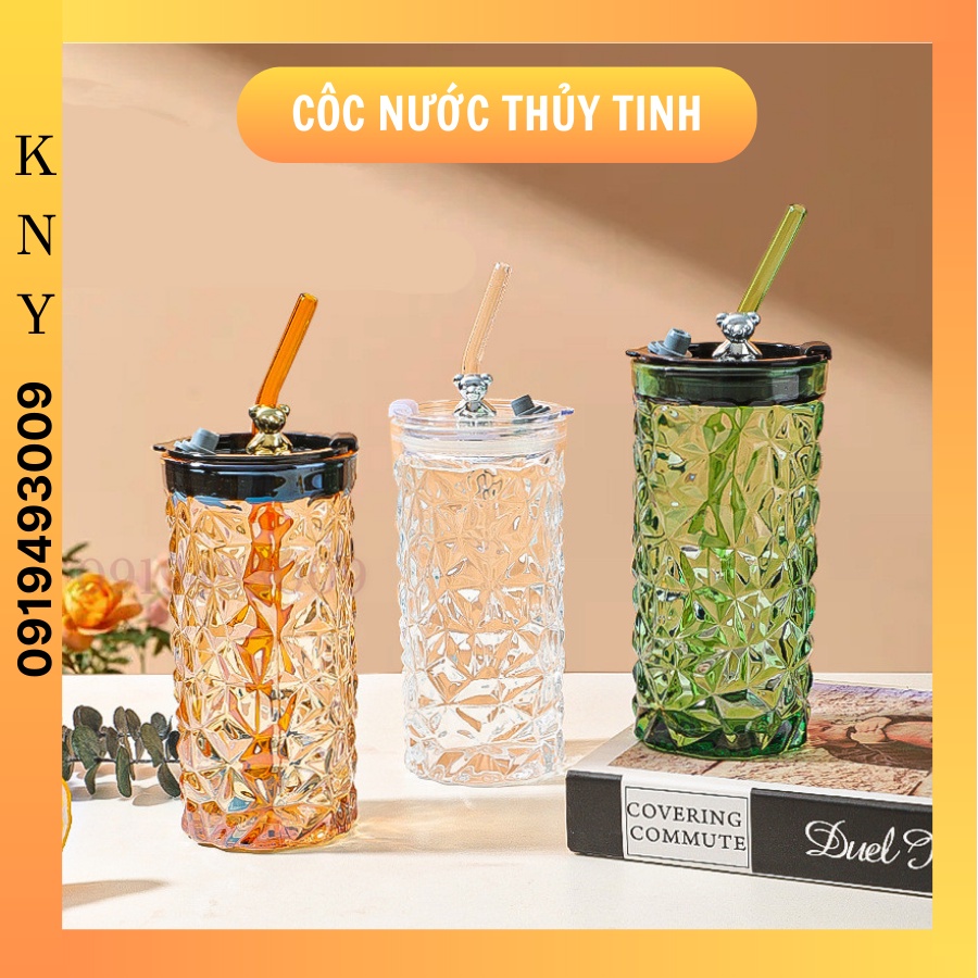 Cốc Uống Nước Có Nắp Đậy Và Ống Hút Hình Gấu Bằng Thủy Tinh, Ly có nắp đậy tặng kèm ống hút sang trọng KNY