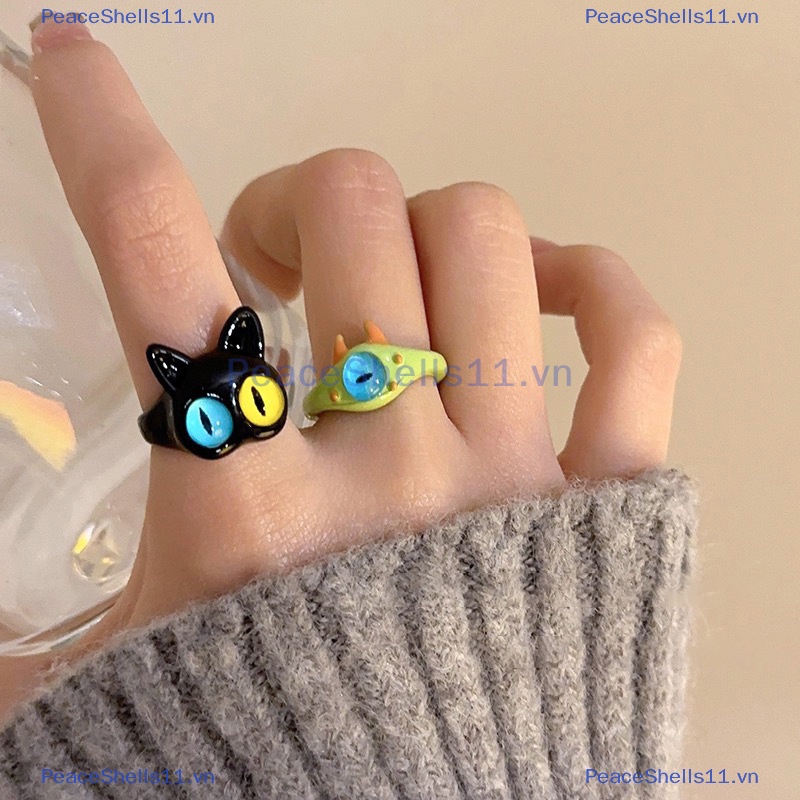 Peaceshells nhẫn quái vật xanh dễ thương cho nữ thời trang ngọt ngào mèo balck mở cặp đôi có thể điều chỉnh nhẫn cưới ngón tay phụ kiện trang sức.