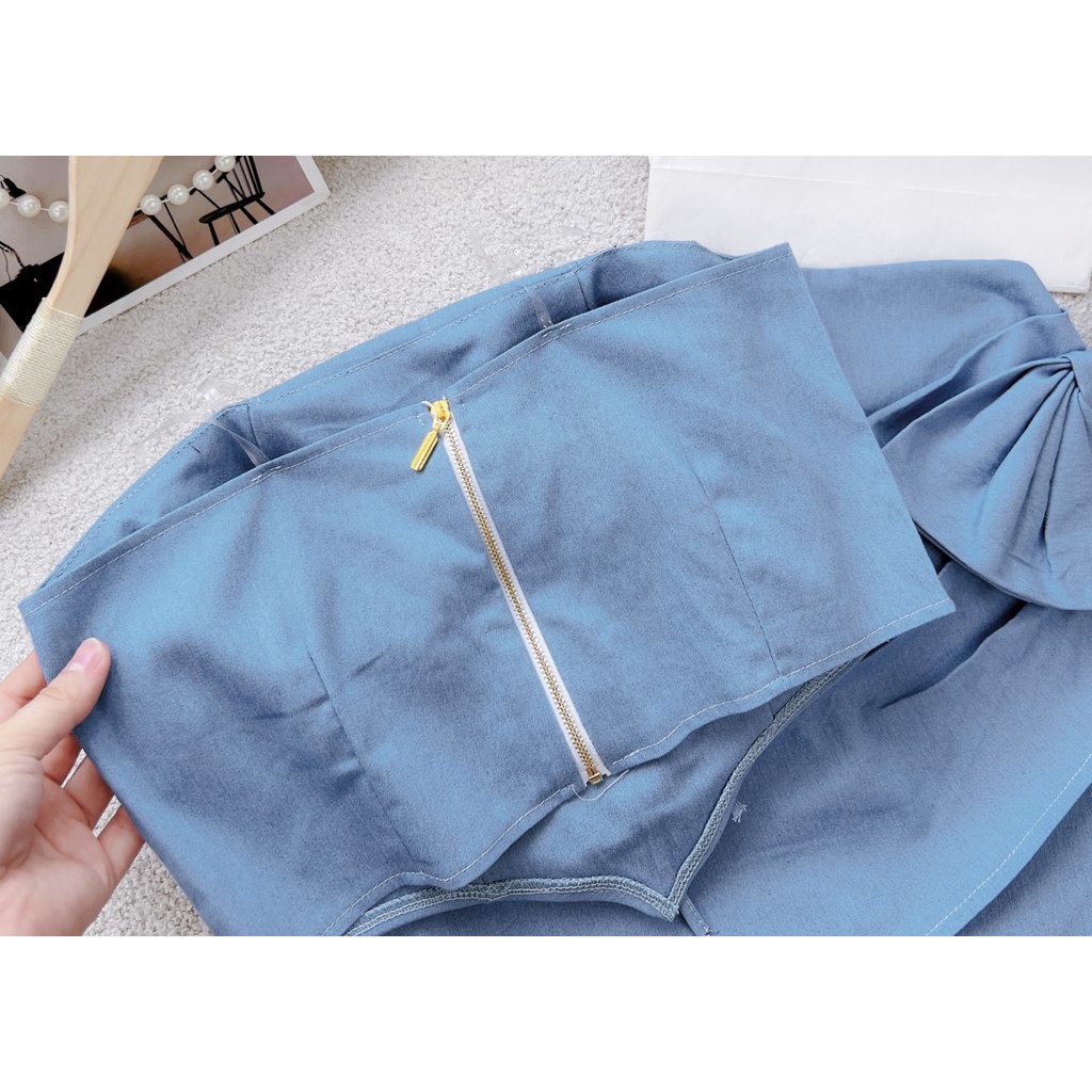 Set đồ nữ dễ thương áo quây đính họa tiết phối chân váy ngắn kèm nơ to cá tính sang trọng