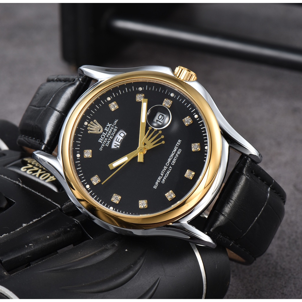 Ro * lex lịch kép logo con trỏ cá nhân hóa dát kim cương thời trang da thạch anh đồng hồ nam unisex