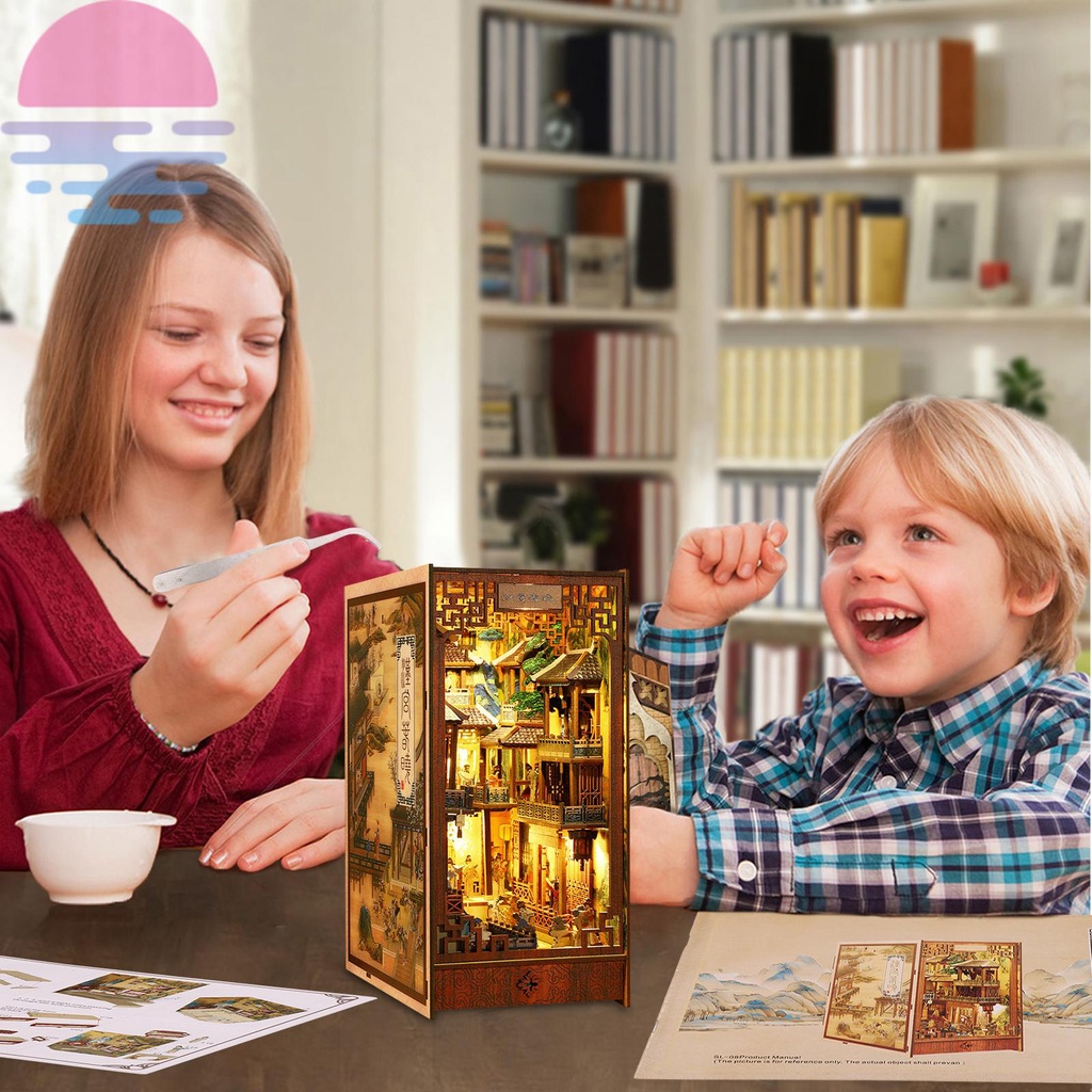Diy book nook kit 3d xếp hình bằng gỗ giá sách chèn trang trí với cảm biến led ánh sáng diy miniature dollhouse model kit shops shopkc0122