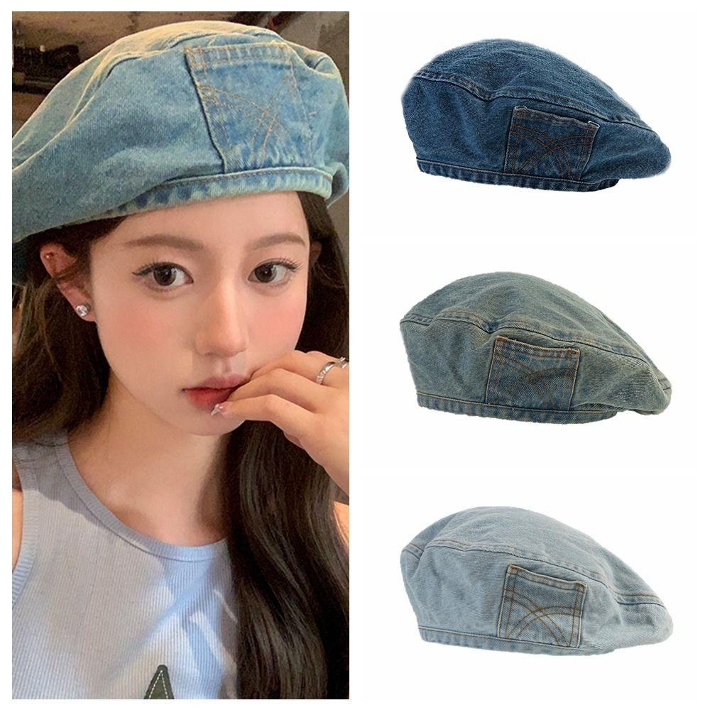 Bliss denim beret, mũ bát giác phong cách hàn quốc, thời trang newsboy mũ nghệ sĩ mũ vải cô gái