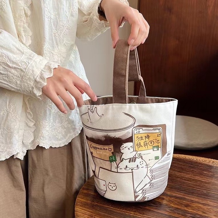 Túi xô vải mới cà phê mèo in túi xách nhỏ bento túi nhỏ