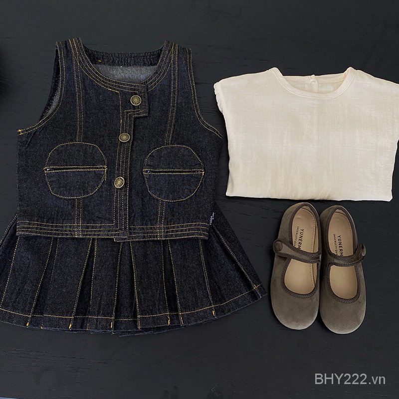 Girls' denim suit 2023 new autumn children's round neck pocket denim pleated skirt suit fashion shirt GC1Q